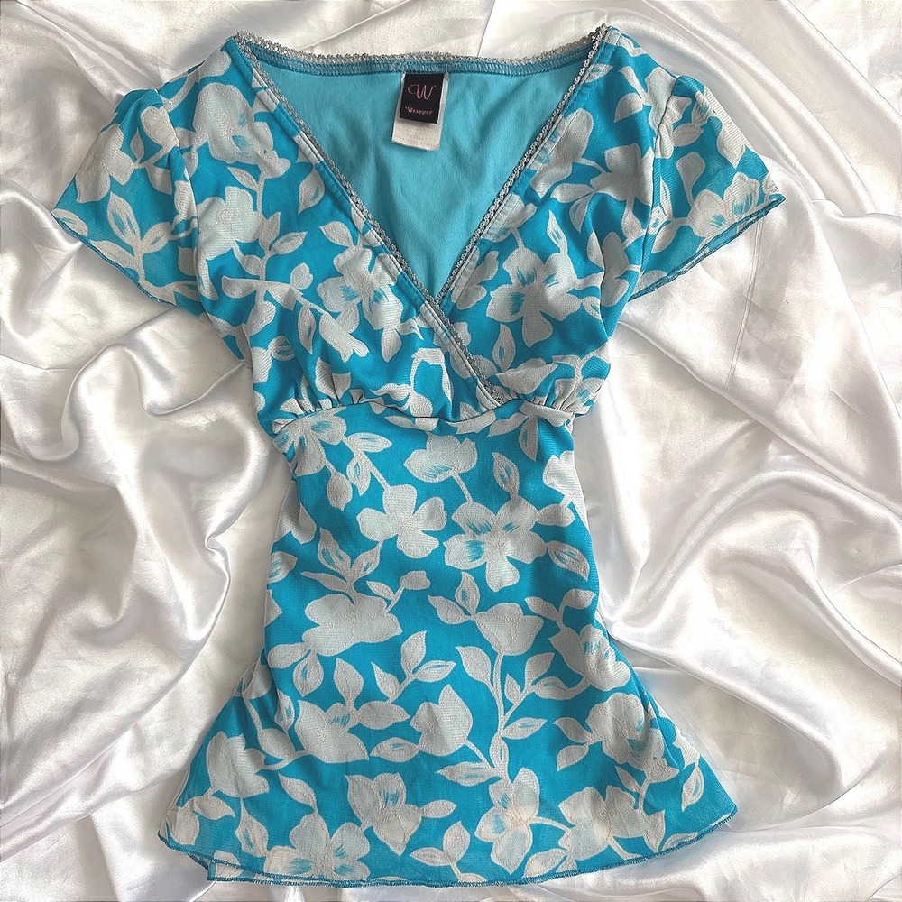 Wrapper Vintage Y2K Floral Mesh Top Turquoise Blue V-Neck Lace Trim Medium